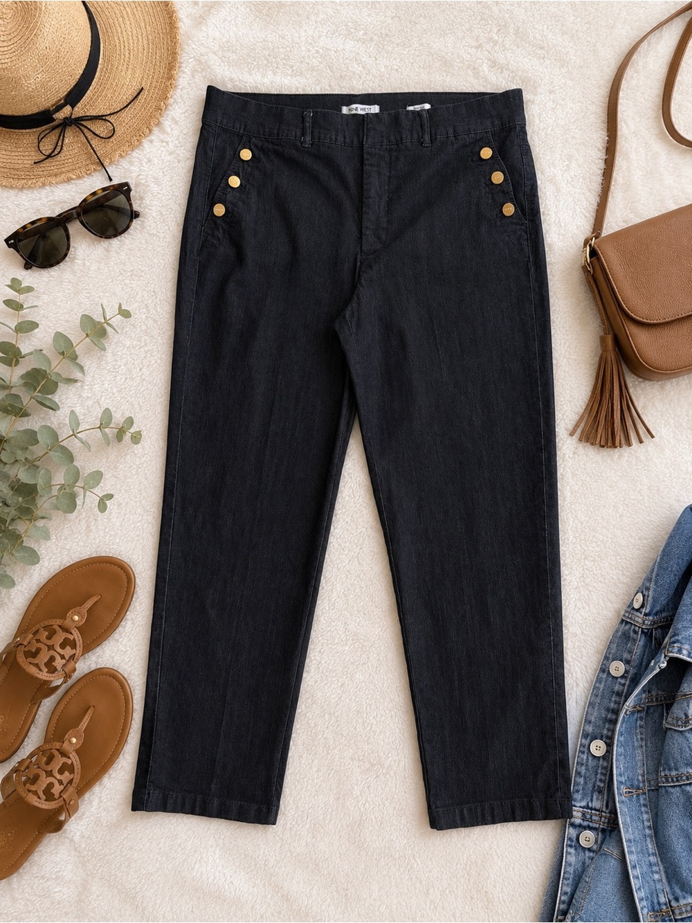 Nine West Trouser Crop Pants Black Sailor Button Stretch Size 14